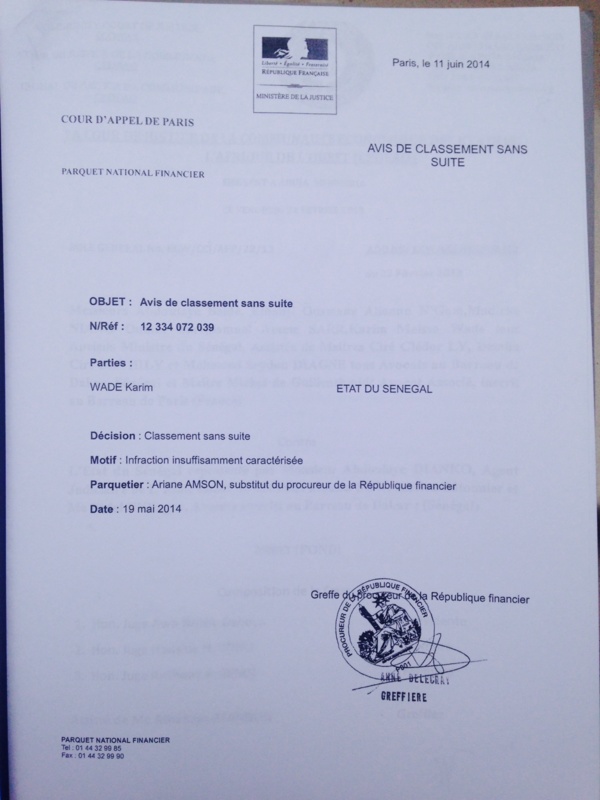 Document - Affaire Karim Wade : La justice française classe sans suite la plainte du Sénégal à Paris Document - Affaire Karim Wade : La justice française classe sans suite la plainte du Sénégal à Paris