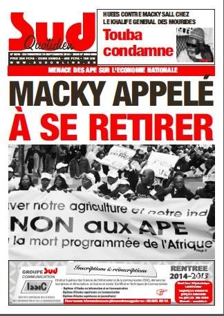 A la Une du Journal Sud Quotidien du vendredi 19 septembre 2014 A la Une du Journal Sud Quotidien du vendredi 19 septembre 2014