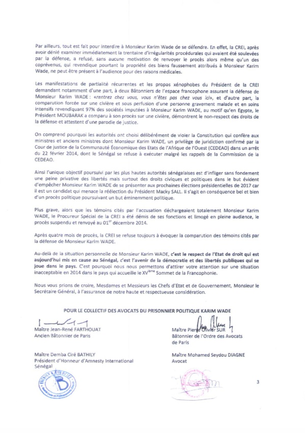 Document-Karim Wade écrit au Sg de la francophonie et aux 77 chefs d’Etat qui seront présents ou représentés à Dakar Document-Karim Wade écrit au Sg de la francophonie et aux 77 chefs d’Etat qui seront présents ou représentés à Dakar