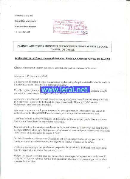 Marie Aw, coordonatrice du mouvement "Taxawu Karim Wade", porte plainte contre Me El Hadj Diouf pour attentat à la pudeur, menaces de mort et injures Marie Aw, coordonatrice du mouvement "Taxawu Karim Wade", porte plainte contre Me El Hadj Diouf pour attentat à la pudeur, menaces de mort et injures