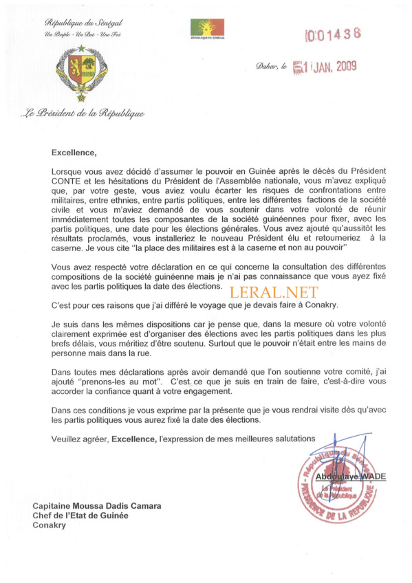 Eclairage de Ahmed Khalifa Niasse : Wade a toujours demandé à Moussa Dadis Camara d'organiser les élections et de partir (Document) Eclairage de Ahmed Khalifa Niasse : Wade a toujours demandé à Moussa Dadis Camara d'organiser les élections et de partir (Document)