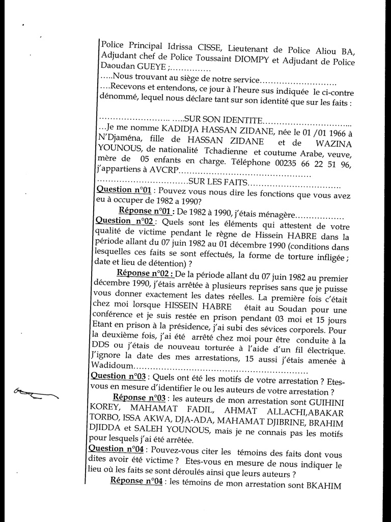 Procès Habré : Des accusations de viol qui ne figurent pas sur le Pv d’audition de Khadidja Hassan Zeydane (Documents) Procès Habré : Des accusations de viol qui ne figurent pas sur le Pv d’audition de Khadidja Hassan Zeydane (Documents)