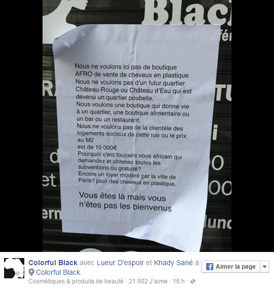 « Pas de boutique afro ici » : Un magasin cosmétique d'une Sénégalaise visé par une affiche raciste à Paris « Pas de boutique afro ici » : Un magasin cosmétique d'une Sénégalaise visé par une affiche raciste à Paris
