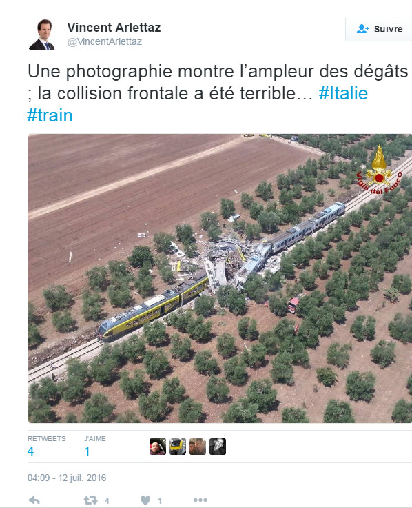 Terrible collision entre deux trains en Italie : Au moins vingt morts Terrible collision entre deux trains en Italie : Au moins vingt morts