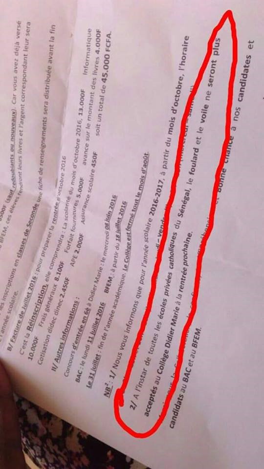 Interdiction du voile à l'école : Le collège Didier Marie de Saint-Louis récidive ! Interdiction du voile à l'école : Le collège Didier Marie de Saint-Louis récidive !