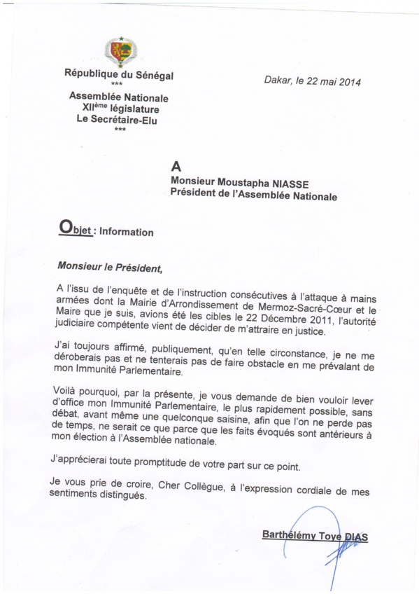 CHEIKH SECK, député, coordonnateur du sous-groupe du PS à l’Assemblée nationale déclarait : «Barthélémy Dias n’a déposé aucune demande pour la levée de son immunité parlementaire…»