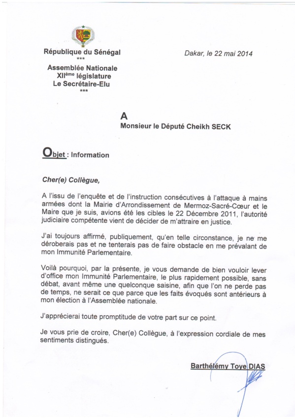 CHEIKH SECK, député, coordonnateur du sous-groupe du PS à l’Assemblée nationale déclarait : «Barthélémy Dias n’a déposé aucune demande pour la levée de son immunité parlementaire…»