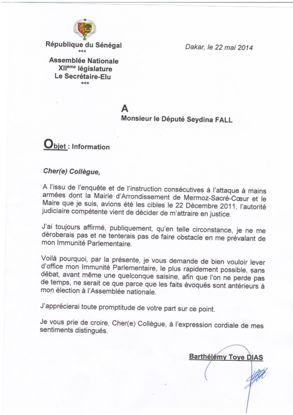 CHEIKH SECK, député, coordonnateur du sous-groupe du PS à l’Assemblée nationale déclarait : «Barthélémy Dias n’a déposé aucune demande pour la levée de son immunité parlementaire…»