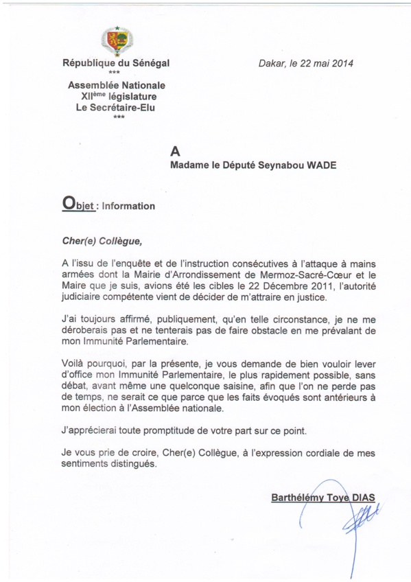 CHEIKH SECK, député, coordonnateur du sous-groupe du PS à l’Assemblée nationale déclarait : «Barthélémy Dias n’a déposé aucune demande pour la levée de son immunité parlementaire…»