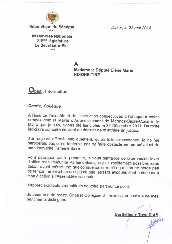 CHEIKH SECK, député, coordonnateur du sous-groupe du PS à l’Assemblée nationale déclarait : «Barthélémy Dias n’a déposé aucune demande pour la levée de son immunité parlementaire…»