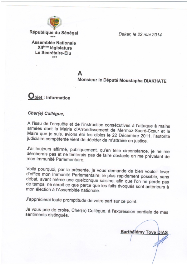 CHEIKH SECK, député, coordonnateur du sous-groupe du PS à l’Assemblée nationale déclarait : «Barthélémy Dias n’a déposé aucune demande pour la levée de son immunité parlementaire…»