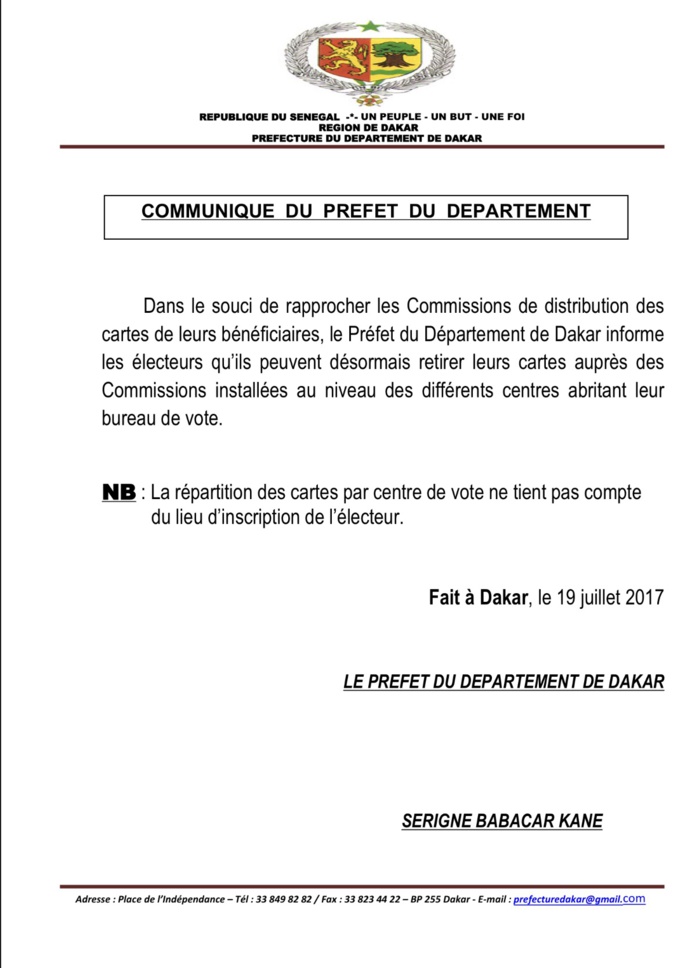 Les électeurs peuvent désormais retirer leurs cartes dans les Commissions installées dans les centres de vote (DOCUMENT) Les électeurs peuvent désormais retirer leurs cartes dans les Commissions installées dans les centres de vote (DOCUMENT)