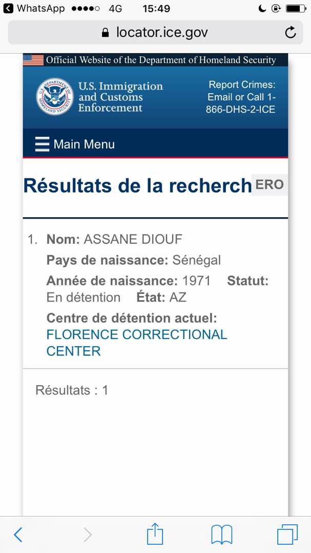 Assane Diouf localisé au Centre correctionnel de Florence, en Arizona