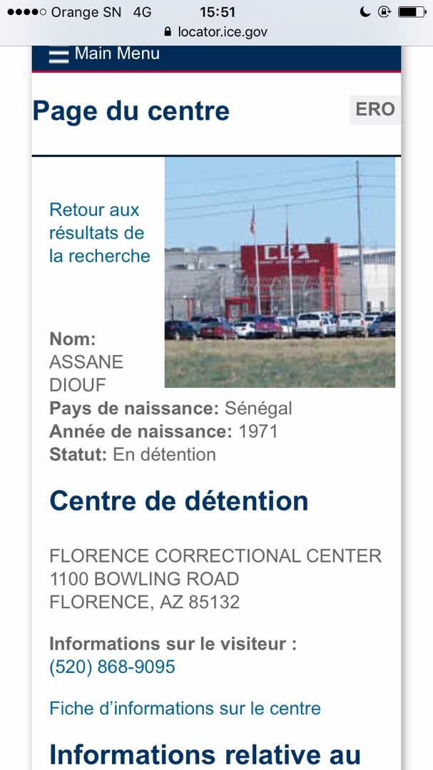 Assane Diouf localisé au Centre correctionnel de Florence, en Arizona