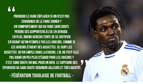 «Lyon a manqué de respect à Emmanuel Adébayor", selon la fédération togolaise de football.