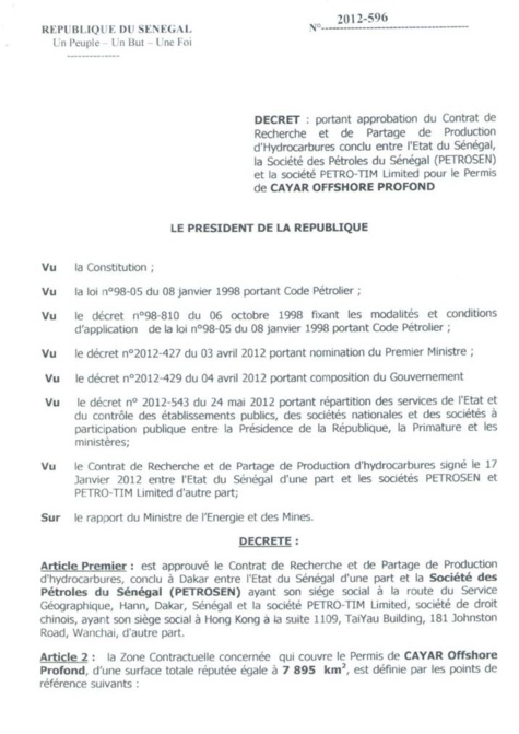 Le décret 2012-596 du 19 juin 2012 signé par le Président Macky Sall et contresigné par Abdoul Mbaye alors Premier  ministre.