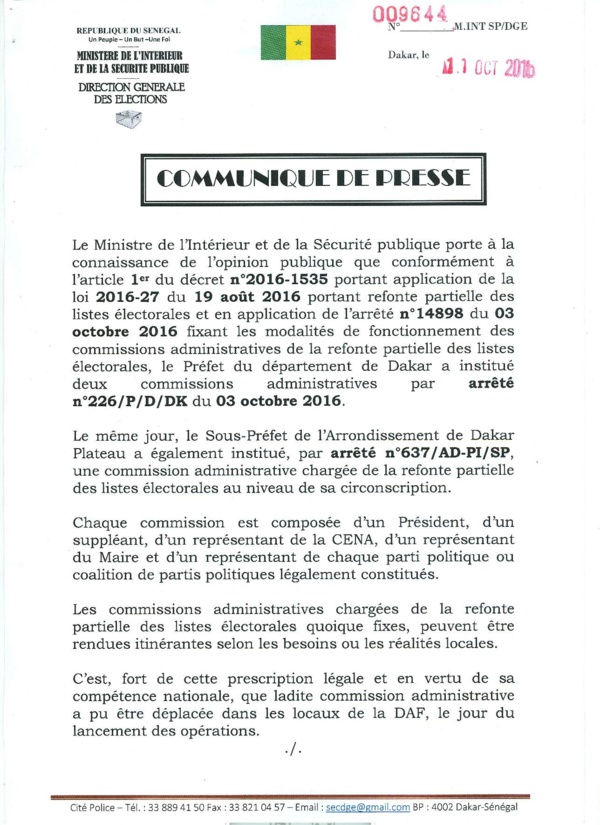 Le Communiqué du ministère de l'Intérieur et de la Sécurité Publique.