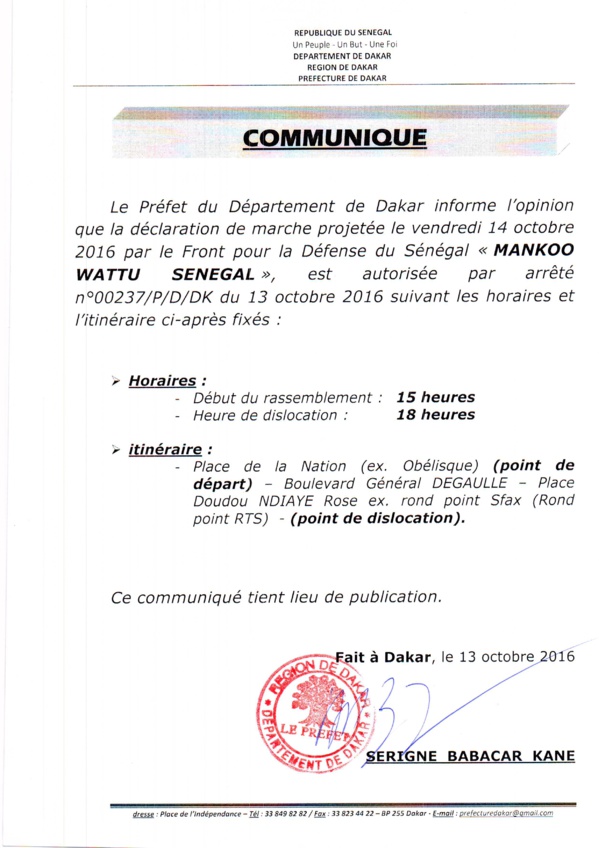 Le Préfet du Département de Dakar autorise la marche de Manko Wattu Senegaal