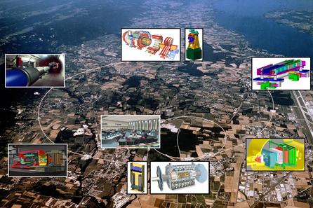 Cliquez pour agrandir. Une vue aérienne du LHC avec la localisation des différentes expériences comme ATLAS,ALICE,LHCb et CMS. Crédit : Cern.