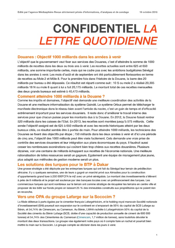 Douanes : Objectif 1000 milliards dans les années à venir