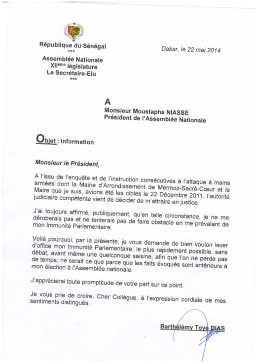CHEIKH SECK, député, coordonnateur du sous-groupe du PS à l’Assemblée nationale déclarait : «Barthélémy Dias n’a déposé aucune demande pour la levée de son immunité parlementaire…»