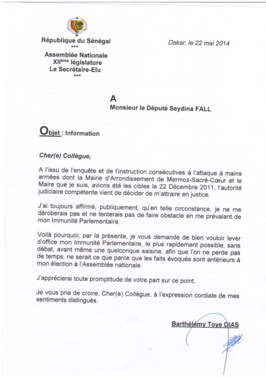 CHEIKH SECK, député, coordonnateur du sous-groupe du PS à l’Assemblée nationale déclarait : «Barthélémy Dias n’a déposé aucune demande pour la levée de son immunité parlementaire…»