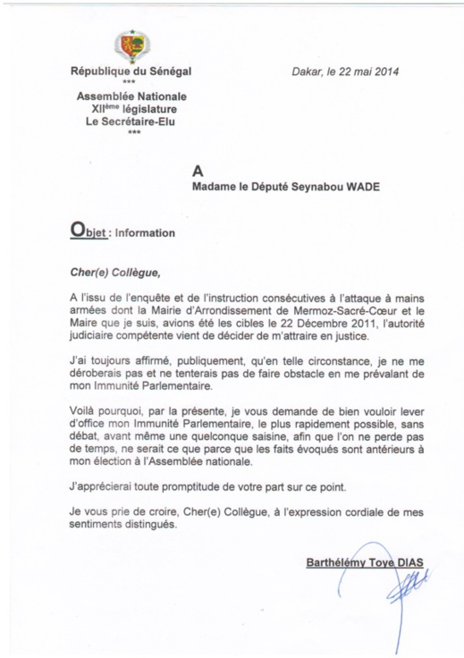 CHEIKH SECK, député, coordonnateur du sous-groupe du PS à l’Assemblée nationale déclarait : «Barthélémy Dias n’a déposé aucune demande pour la levée de son immunité parlementaire…»