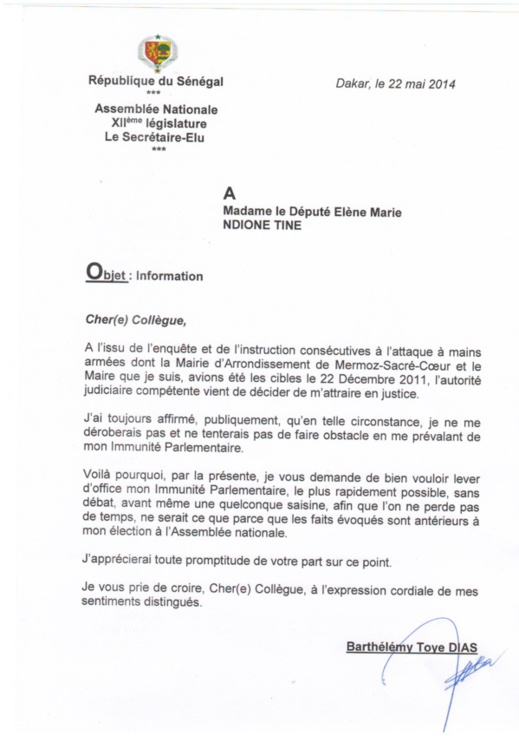 CHEIKH SECK, député, coordonnateur du sous-groupe du PS à l’Assemblée nationale déclarait : «Barthélémy Dias n’a déposé aucune demande pour la levée de son immunité parlementaire…»