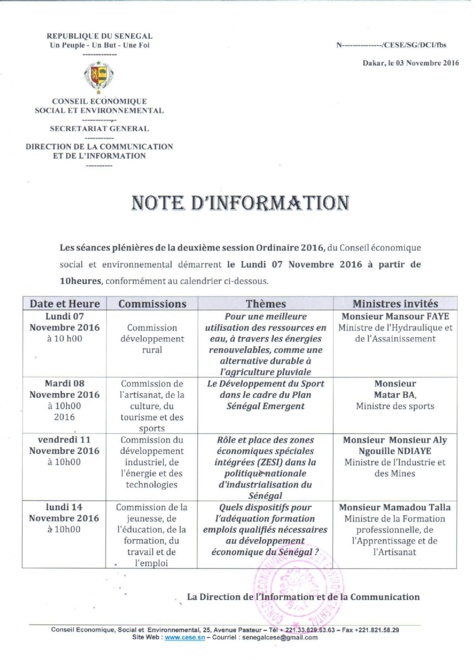Le programme des séances plénières du Le Conseil Economique, Social et Environnemental.