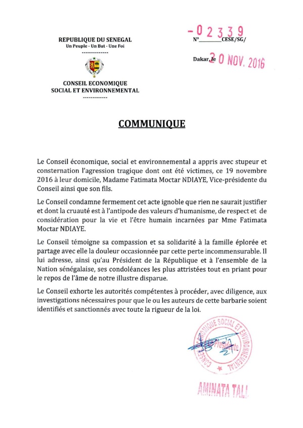 Le communiqué officiel du Conseil Economique, Social et Environnemental.