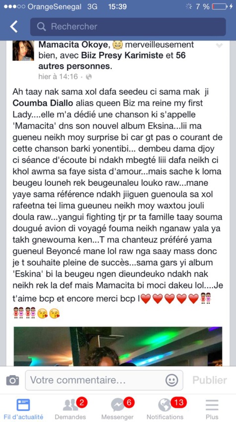 Le témoignage émouvant de la sœur de Queen Biz sur Facebook : Mamassita est sa soeur et porte le nom d'un de ses sons sortis dans son nouvel opus Eksina