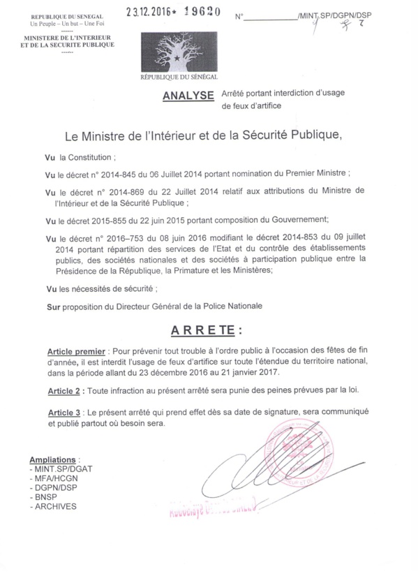 Noel 2016,  arrêté ministériel,Abdoulaye Daouda Diallo interdit les feux d'artifices