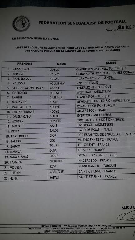 CAN 2017 : Aliou Cissé a publié sa liste de 23