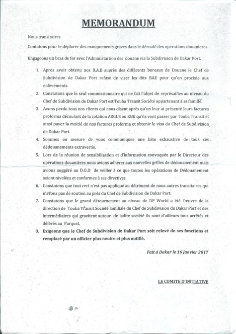 Mémorandum : Les transitaires engagent le bras de fer avec l'administration des Douanes 