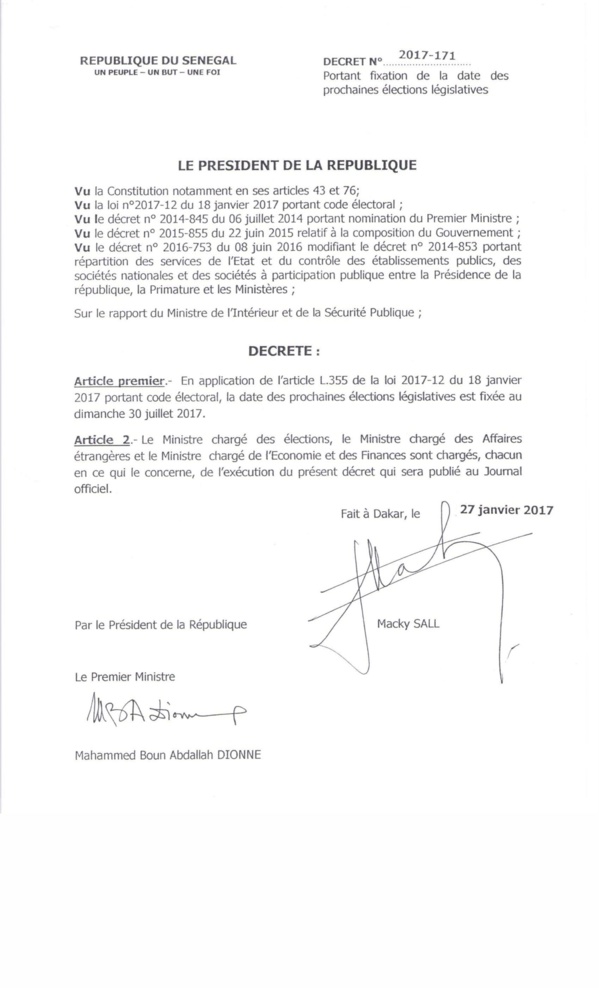 Urgent: les élections législatives se dérouleront le 30 juillet 2017 (Décret)