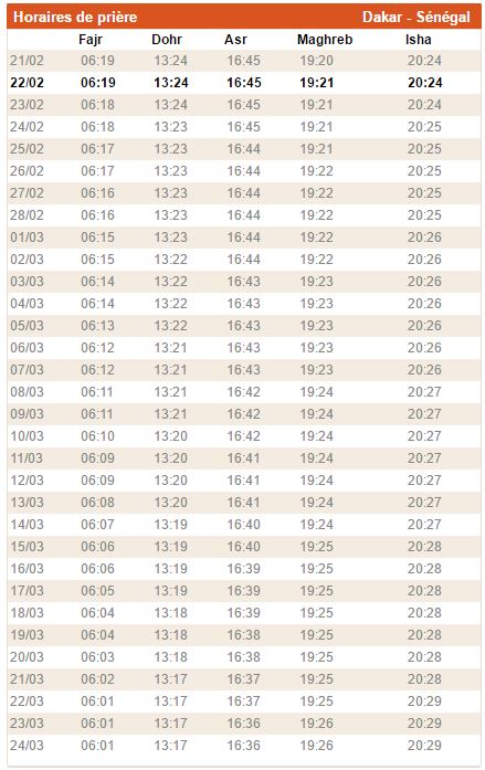 Horaires de prière Dakar/Senegal