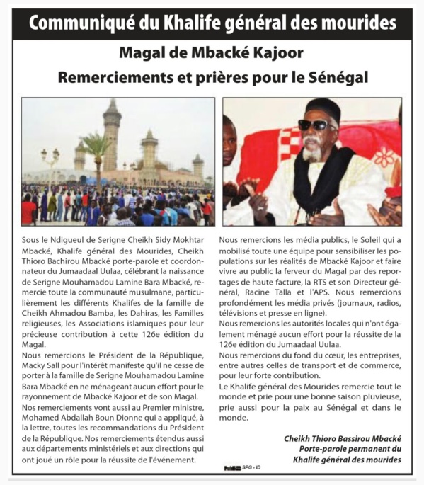 Mbacké Kajor : Communiqué de Remerciements et Prières du Khalife Général des Mourides