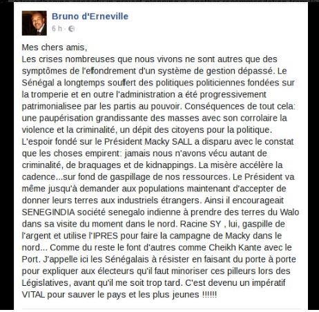 Message de Bruno d'Erneville sur les réseaux sociaux: "L'espoir fondé sur le président Macky Sall a disparu"