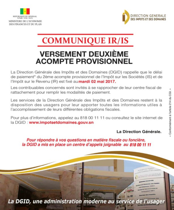 VERSEMENT DEUXIEME ACOMPTE PREVISIONNEL ( Sénégal )