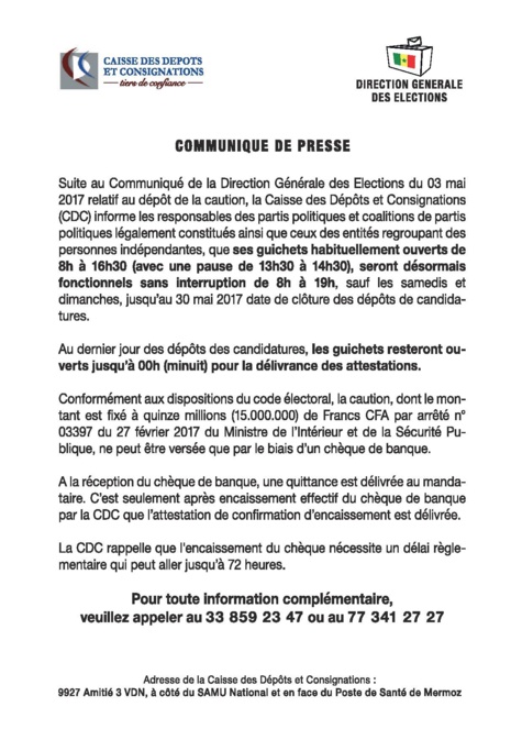 Communiqué Caisse et Dépôt et Consignations (CDC) 