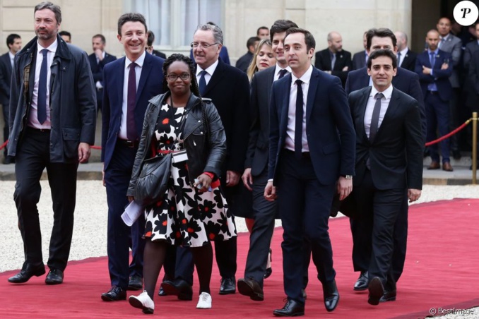 Jean-Marie Girier, Ismaël Emélien, Stéphane Séjourné, Sylvain Fort, Julien Denormandie, Sibeth Ndiaye, Arnaud Leroy, Benjamin Griveaux, Richard Ferrand et guest lors de la passation de pouvoir entre Emmanuel Macron et François Hollande au palais de l'Elysée à Paris le 14 mai 2017. © Stéphane Lemouton / Bestimage © BestImage