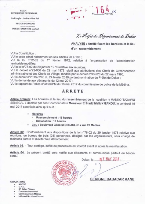 Rassemblement de ce vendredi de Mankoo Taxawu Senegaal, le Préfet interdit tout cortège, procession et défilé avant et après 
