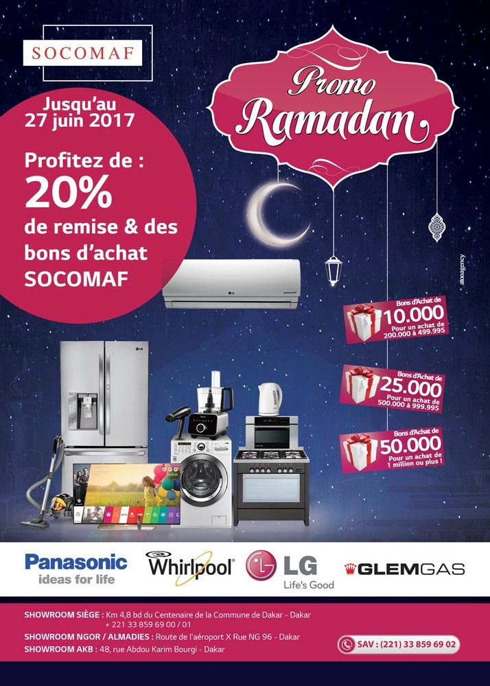 PROMO RAMADAN: Jusqu’au 27 juin 2017, profitez de 20 % de remise et de bons d’achats SOCOMAF