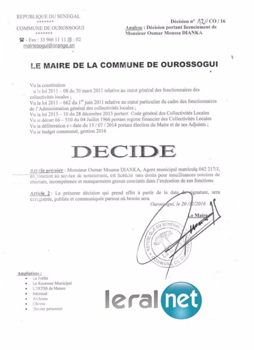 Enquête - Moussa Bocar Thiam, un «hors la loi » : Le maire de Ourossogui vire un agent et refuse de répondre à la convocation de l’Inspection du travail