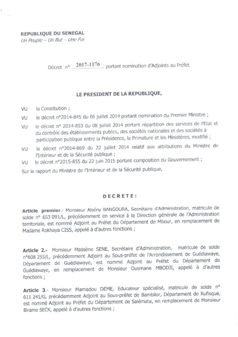 Décret n° 2017-1176 portant nomination d'Adjoints au préfet