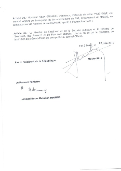 Décret 2017-1117 portant nomination Adjoints au Sous-préfets
