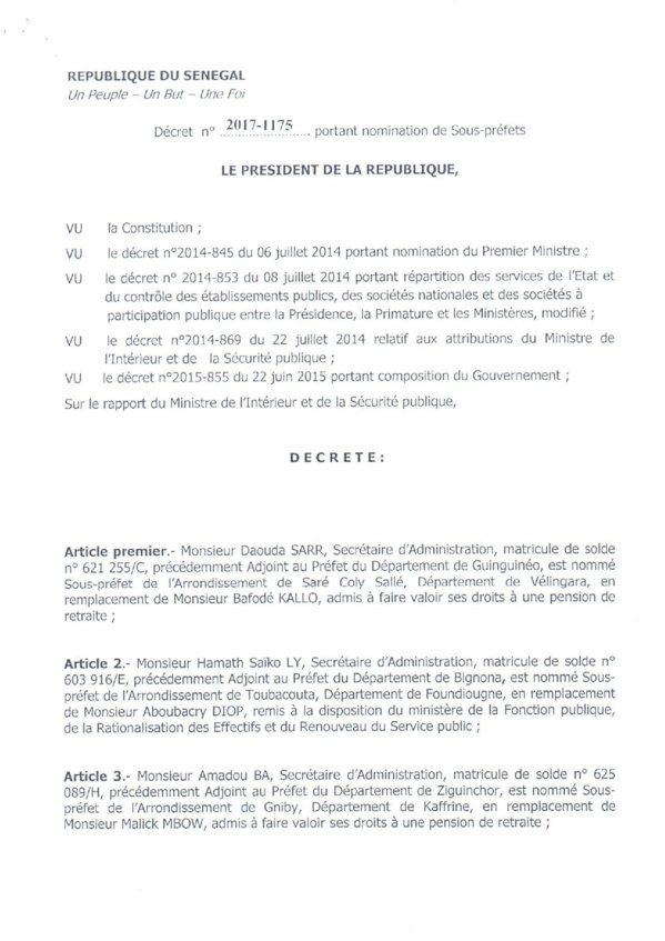 Décret 2017-1175 portant nomination Sous-Préfets