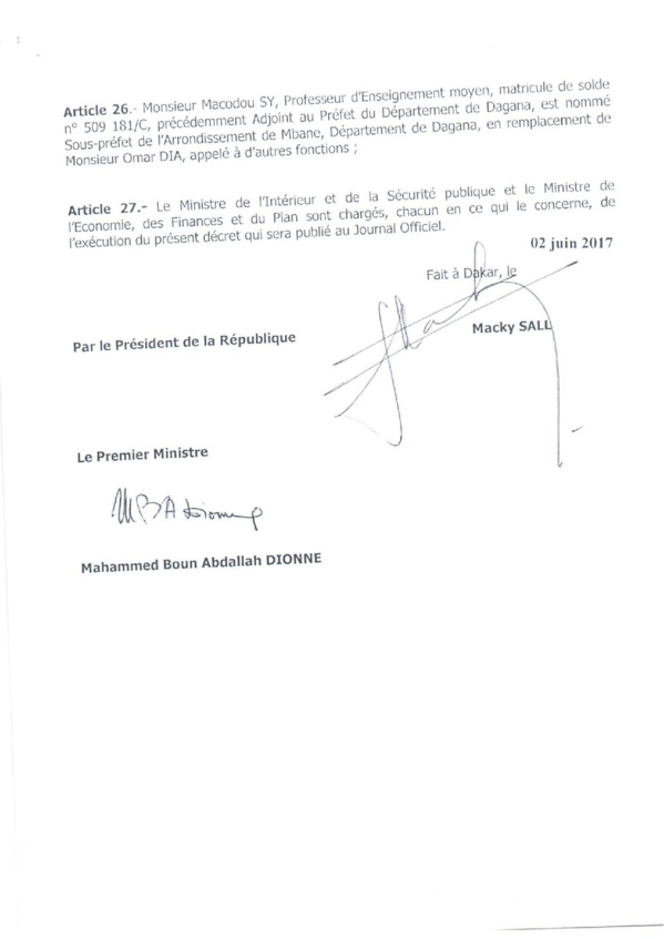 Décret 2017-1175 portant nomination Sous-Préfets