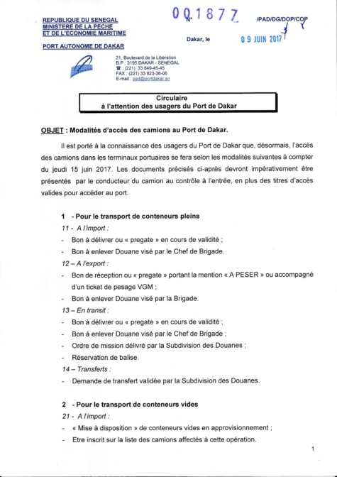 Modalités d'accès camions au Port de Dakar : Circulaire à l'attention des usagers du Port de Dakar
