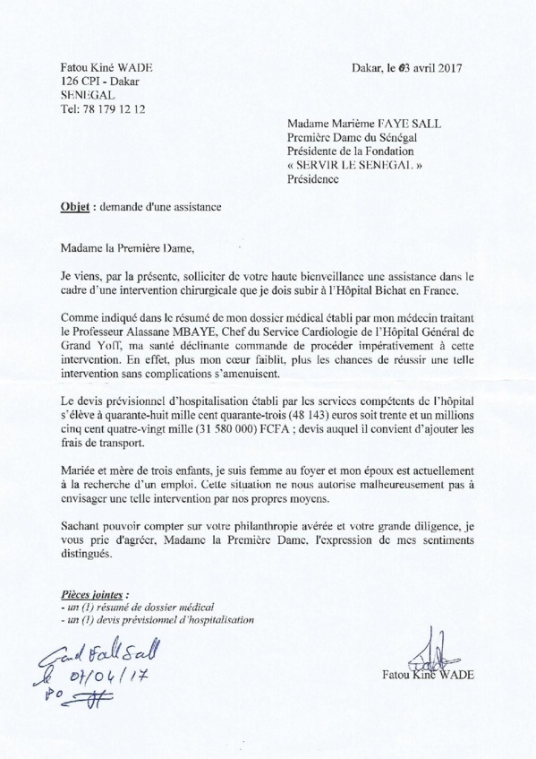 ​Fatou Kiné Wade (37 ans), nécessitant d’urgence une prothèse mécanique cardiaque, sollicite l’aide de Marième Faye Sall et des bonnes volontés